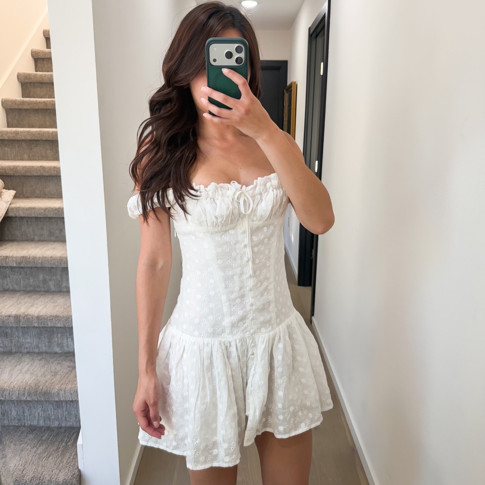For Love & Lemons White Eyelet Off-Shoulder Mini Dress